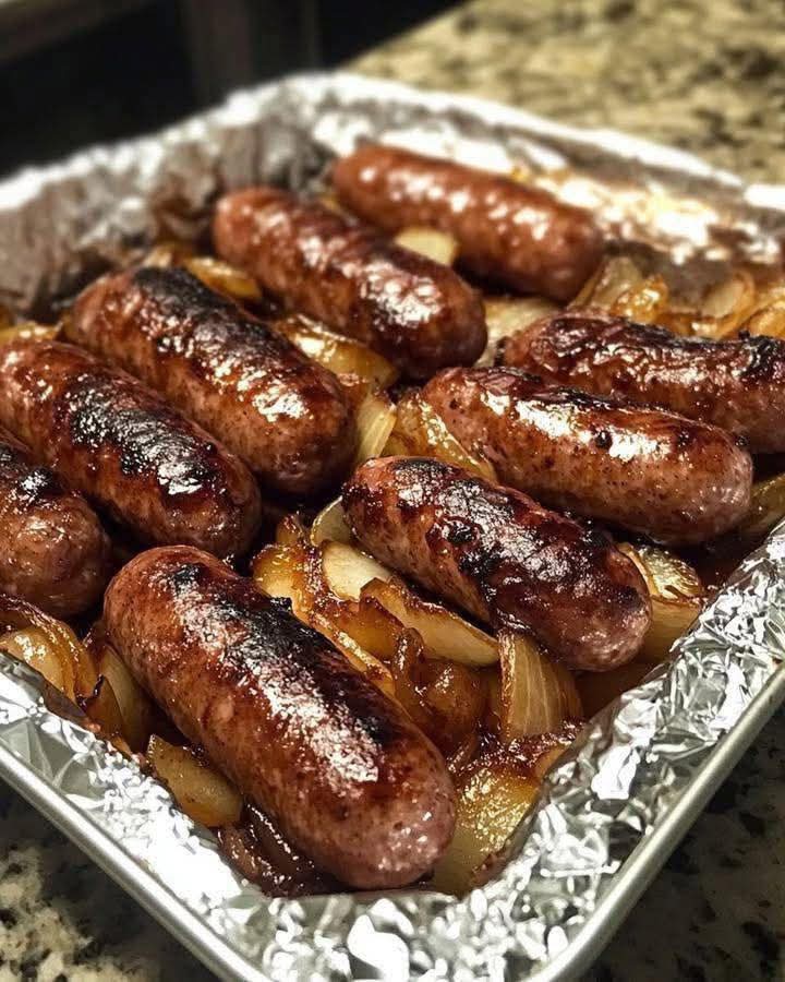 Oven-Baked Sausages with Caramelized Onions
