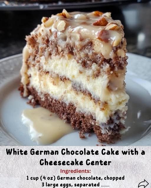 White German Chocolate Cake with a Cheesecake Center!