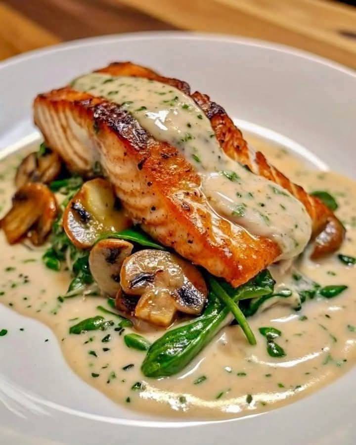 Garlic Butter Salmon with Spinach Mushrooms in Creamy Sauce
