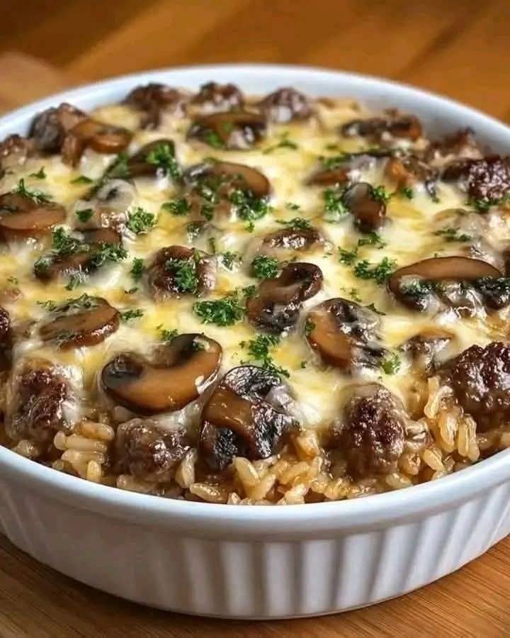 Cheesy Mushroom Beef & Rice Bake
